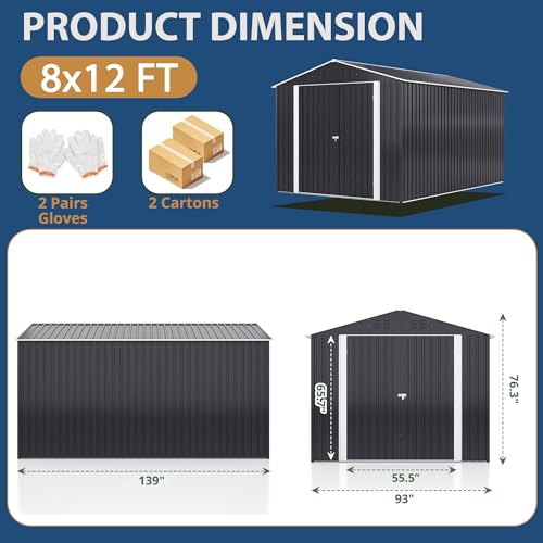 VIWAT 8' x 12' Outdoor Steel Storage Shed with Updated Frame Structure and Lockable Doors, Metal Shed Upgrade Height Ideal for Garden, Backyard, and Patio Utility and Tool Storage VIWAT