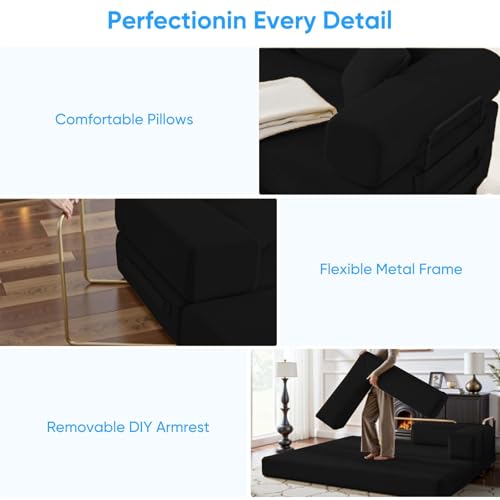 Mjkone 78.7"W Convertible Folding Mattress Couch with Armrest, Corduroy Floor Sofa Bed with Metal Fixed-Shape Frame, 5-in-1 DIY Futon Lazy Sofa Cama Lounge Couch for Living Room Bedroom Studio, Black Mjkone