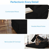 Mjkone 78.7"W Convertible Folding Mattress Couch with Armrest, Corduroy Floor Sofa Bed with Metal Fixed-Shape Frame, 5-in-1 DIY Futon Lazy Sofa Cama Lounge Couch for Living Room Bedroom Studio, Black Mjkone