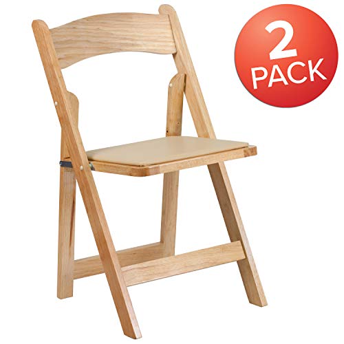EMMA + OLIVER 2 Pack Natural Wood Folding Chair with Vinyl Padded Seat EMMA + OLIVER