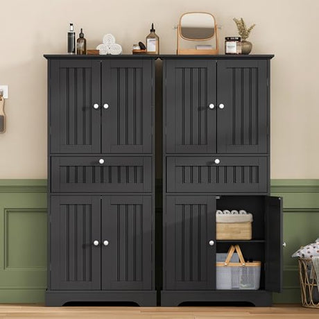 ChooChoo 51" H Tall Bathroom Floor Cabinet, Modern Bathroom Storage Cabinet with Drawer and Adjustable Shelves, Freestanding Kitchen Pantry Cupboard with 4 Doors for Living Room, Black ChooChoo