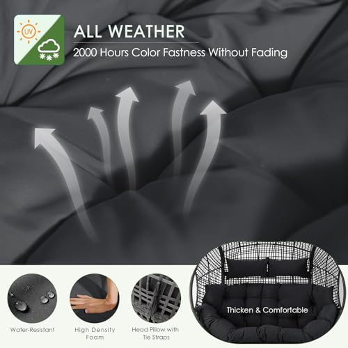 NICESOUL® Double Egg Chair Indoor Outdoor Stationary Oversized Thicken Padded Cushions,2 Person Egg Loveseat Chair,680 lbs Extra Large Lounge Chair for Patio Balcony Porch Backyard Gray NICESOUL