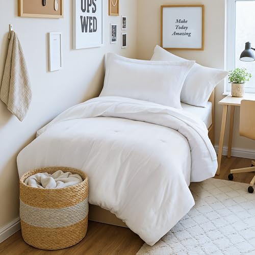 Madison Park Essentials Striped Comforter Set Twin XL, 5 Pieces Modern Minimalist Jacquard Bedding Set for All Season, Bed in A Bag with Sheet Set and Soft Brushed Reverse, Lightweight White Madison Park Essentials