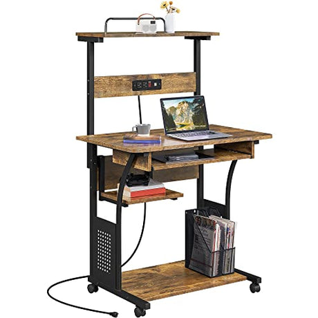 Yaheetech 3 Tiers Rolling Computer Desk on Wheels with Charging Station and Keyboard Tray, Mobile Home Office Desk PC Laptop Workstation with Power Outlet and USB Ports for Home Studying, Rustic Brown Yaheetech