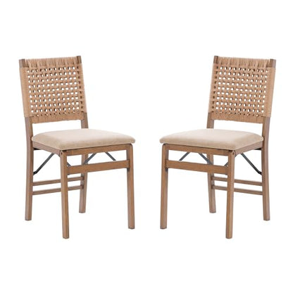 Linon Bennett Natural Folding Chair with Woven Rope Back and Linen Upholstered Seat Set of 2 - WoodArtSupply