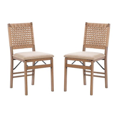 Linon Bennett Natural Folding Chair with Woven Rope Back and Linen Upholstered Seat Set of 2