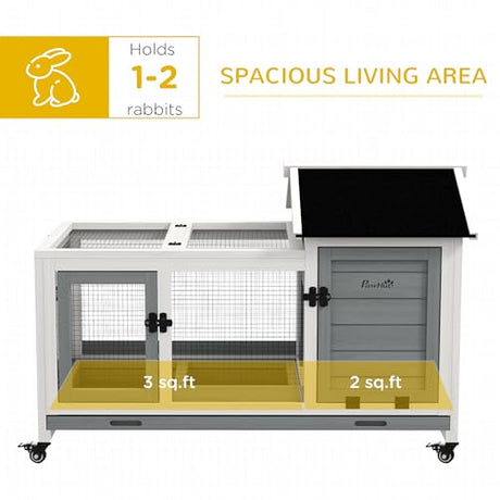 PawHut Indoor Outdoor Wooden Rabbit Hutch with Wheels, Large Bunny Hutch with Run & Slide-Out Tray for Small Animals, Guinea Pig, Gray PawHut