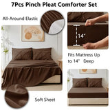 CozyLux Full Size Comforter Sets Brown, 7 Pieces Pintuck Bed in A Bag Brown Comforter Full Size, Pinch Pleat Bedding Sets with All Season Comforter, Sheets, Pillowcases & Shams