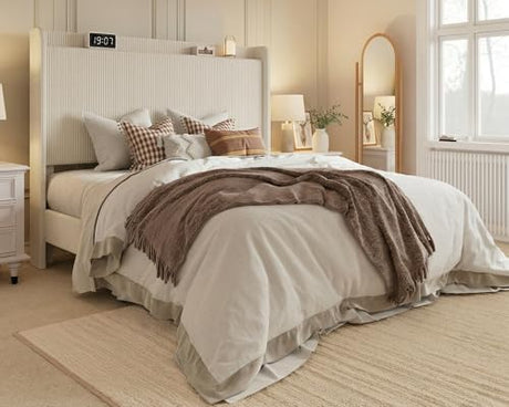 YITAHOME Queen Bed Frame with Adjustable Corduroy Wingback Headboard 43.3"-47.2", Upholstered Platform Bed, Solid Wood Slat Support, No Box Spring Needed,Beige Cream YITAHOME