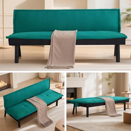 Trygoal Futon Sofa Bed Couch, 64.6" Convertible Sleeper Sofa with 5 Positions Adjustable Backrest, Velvet Couch Bed with Solid Wood Frame for Home Office Living Room Guest Dorm, Green Trygoal