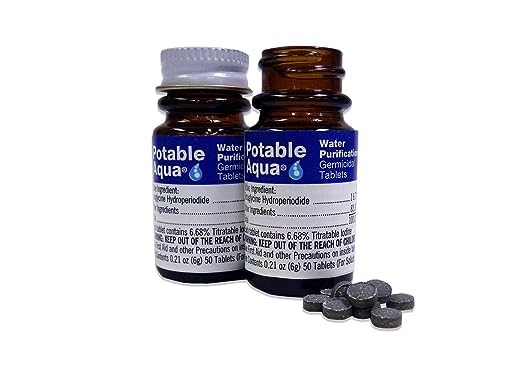 Potable Aqua Water Purification Tablets, Portable and Effective Water Purification Solution for Camping, Hiking, Emergencies, Natural Disasters and International Travel, Two 50ct Bottles, Blue potable aqua