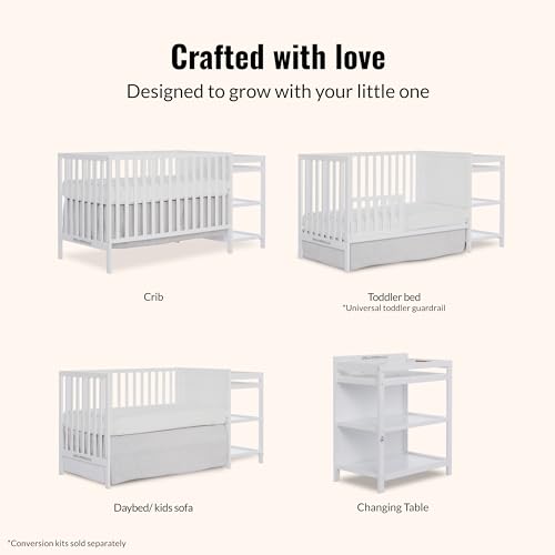 Dream On Me Synergy 3-in-1 Convertible Full-Size Baby Crib & Changer, White, Open Storage, GreenGuard Gold & JPMA, Pinewood, Converts to Day & Toddler Bed, 4 Mattress Heights, 1″ Changing Pad,