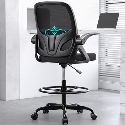 Kensaker Tall Drafting Chair with Footrest Ring for Home and Work, Ergonomic Home Desk Office Chair with Flip up Arms and Lumbar Support, Extended Height Executive Desk Office(Black)