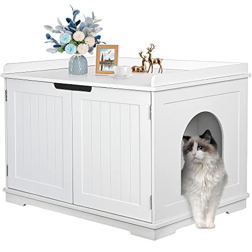 Pet Republic Hidden Cat Litter Box Enclosure Cat Litter Box Furniture Cat Washroom Cat House Table Nightstand (White) - WoodArtSupply