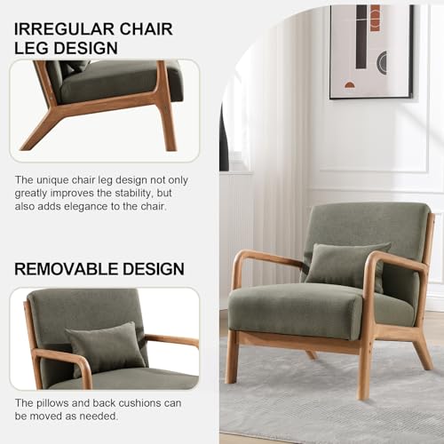 IOMOR Accent Chair Mid Century Modern Chair Linen Fabric Living Room Chairs with Solid Wood Frame Comfy Upholstered and Lumbar Pillow Reading Side Chair Easy Assembly for Bedroom Room (1, Linen Green) IOMOR