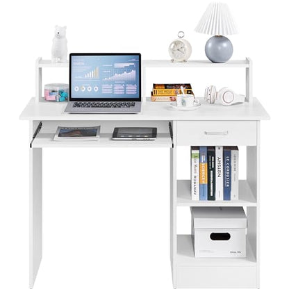 Yaheetech Desk with Keyboard Tray, Home Office Computer Desk Wooden PC Laptop Desk, Morden Sturdy Study Writing Table, White