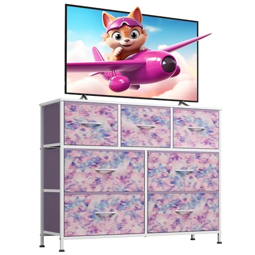 WLIVE 7 Drawer Dresser TV Stand, Entertainment Center, Media Console Table with Metal Frame and Wood Top for TV up to 46 inch, Chest of Drawers for Bedroom, Living Room, Tie-dye Purple Print WLIVE