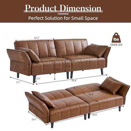 hausway 76.4" Leather Loveseat Sofa,Mid Century Modern Convertible Faux Leather Futon Couch with Adjustable Backrest&Armrest,Wooden&Steel Frame for Living Room,Apartment,Office,Space-Saving,Brown hausway