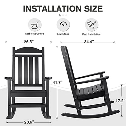 Devoko Rocking Chair Plastic Outdoor Indoor Patio Rocker Chair High Back All Weather Rocker for Patio Backyard Porch Garden (Black)