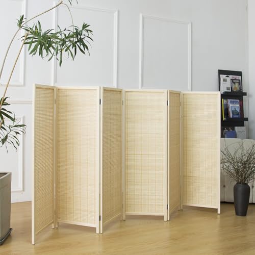 Furnnylane 6 Panel Short Room Divider Screen,Beige Freestanding Partition,Small Bamboo Panel Divider for Room Seperation,3.95 FT Tall Furnnylane