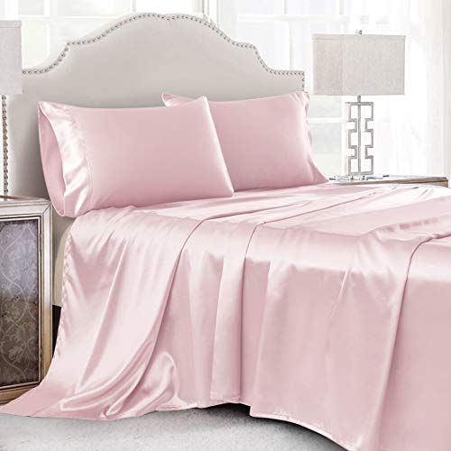 Cobedzy 4 Pcs Blush Pink Satin Sheets Queen Size Silky Satin Bedding Sheets Set with 1 Deep Pocket Fitted Sheet, 1 Flat Sheet, 2 Pillowcase Cobedzy