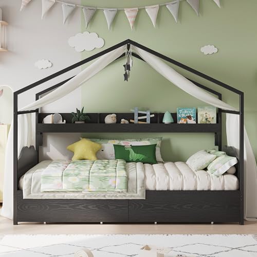 LIKIMIO Twin Bed Frame with 2 Storage Drawers, DIY House Bed with Bookshelf & Curved Headboard & Footboard, Twin Corner Bed Frames for Bedroom, No Box Spring Needed, Black LIKIMIO