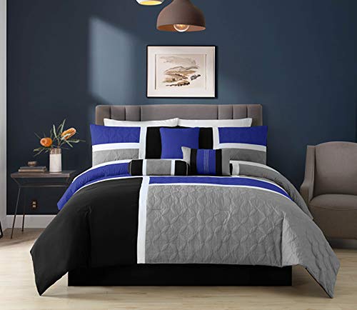 Chezmoi Collection Upland 7-Piece Quilted Patchwork Comforter Set, Blue/Black/Gray, Full Chezmoi Collection
