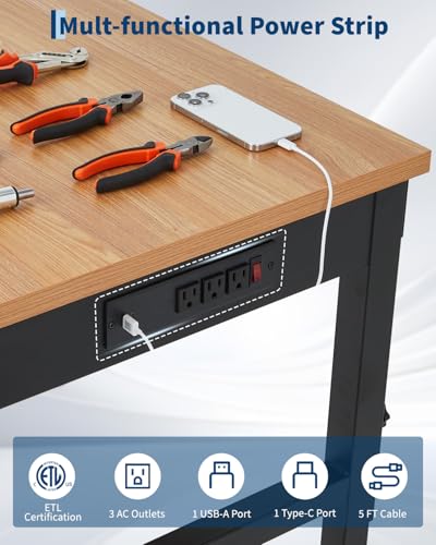 60" Adjustable Height Workbench with Lockable Wheels, Built-in Outlets & Heavy Duty Rubberwood Top, 2500 LB Capacity Work Bench, Garage Work Table for Workshop, Repair Shop, Home, Office EliteEdge