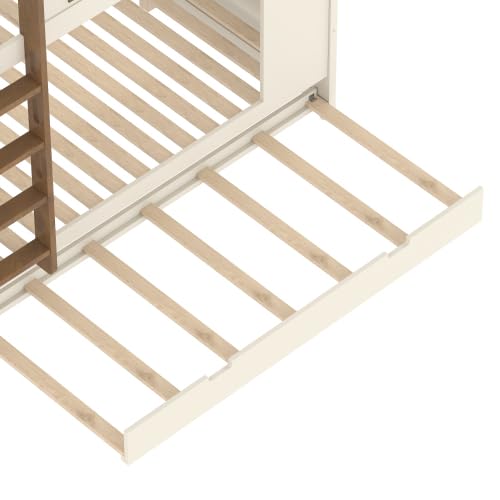 Bellemave Queen Over Queen Bunk Bed with Trundle & Hooks, Wooden Floor Bunk Beds Frame with Storage Shelves & Ladder for Kids Teens, Beige+Natural Bellemave