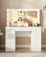 Otterease White Makeup Vanity, 11 Drawers Vanity with Mirror and 12 LED Lights, Makeup Vanity Desk with 3 Lighting Modes Adjustable Brightness, Vanity with Glass Top for Bedroom Otterease