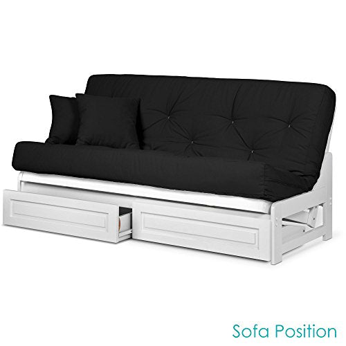 Nirvana Futons Arden White Futon with Storage Drawers Full or Queen Size - Space Saving Armless Design with Comfortable Mattress (Twill Black), Sofa Bed Available in Nirvana Futons