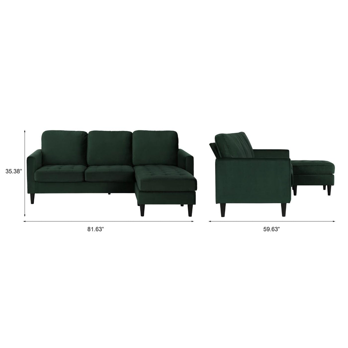 CosmoLiving by Cosmopolitan Strummer Modern Reversible Sectional Couch Upholstered in Green Velvet Fabric with Floating Ottoman CosmoLiving by Cosmopolitan