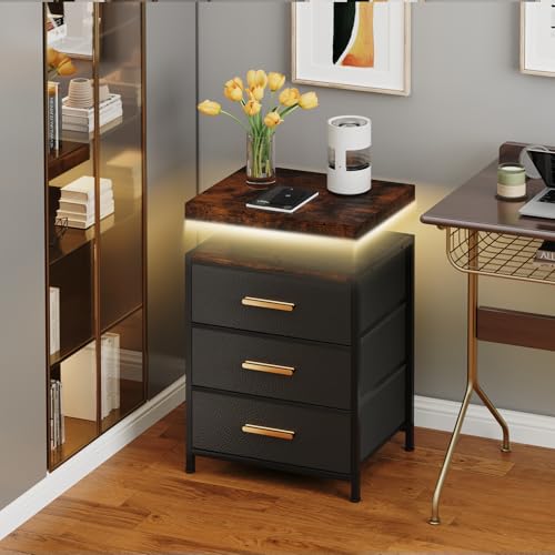 DreamDashio Night Stand with APP Control LED Lights, 3 Fabric Storage Drawers with PU Finish, Floating Top Design, Bedside Table with Open Shelf, End Table for Bedroom, Living Room, Office (Black) DreamDashio