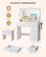 LIVELYGLOW Makeup Vanity Desk Set, White, 35.4“W x 15.7" D x 53.9" H (Large Smart LED Mirror, with Cushion Stool, Hairdryer Rack, Power-Outlet, 4 Drawers) LIVELYGLOW