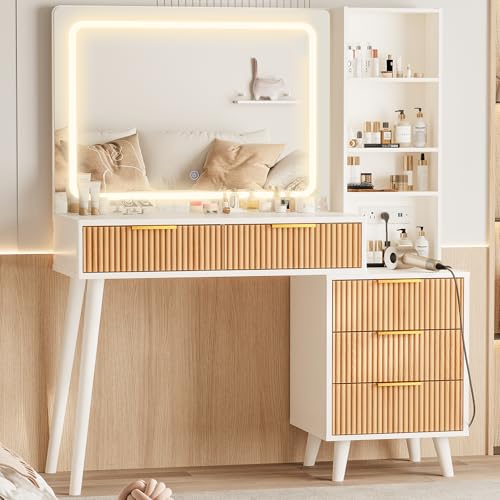 44" Vanity Desk with Mirror and Lights, Makeup Vanity Desk with Power Outlet, Makeup Desk with 5 Drawers&Storage Shelves, Vanity Table 3 Color Adjustable Brightness Dressing Table Set for Bedroom INNOD