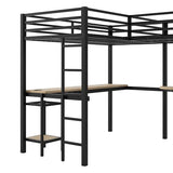 LUMISOL Twin Size Double Loft Bed with LED and Storage Shelves, Metal L-Shaped Loft Bed with 2 Built-in Desks and 2 Charging Stations, Black LUMISOL
