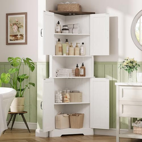 Vabches Tall Corner Cabinet, Corner Bathroom Cabinet, 67" Farmhouse Storage Cabinet with 4 Doors and Adjustable Shelves, Home Space Saver for Bathroom, Kitchen, Living Room, Pantry, White Vabches