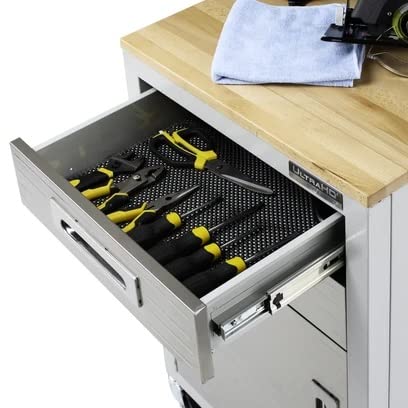 Seville Classics UltraHD Heavy Duty Rolling Cabinet Workbench Table w/Solid Wood Top Workstation for Garage, Warehouse, Office, Workshop, 34.7" H, Seville Classics