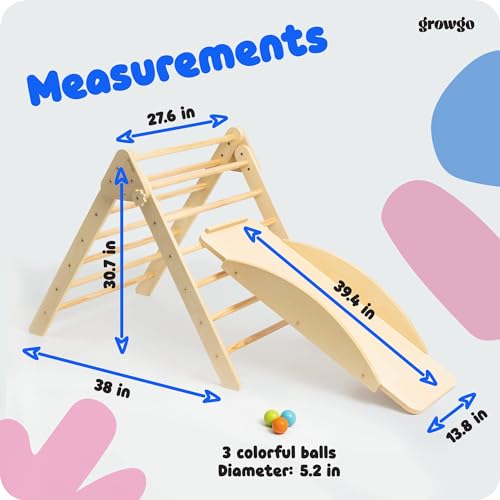 GROWGO Pikler Triangle Climber with Ramp - Toddler Climbing Toys Indoor Montessori Climbing Toy Set Pickle Triangle Montessori, Baby Climbing Toys Indoor, Pickler Set Wooden Play Gym, Kids Climbers GROWGO