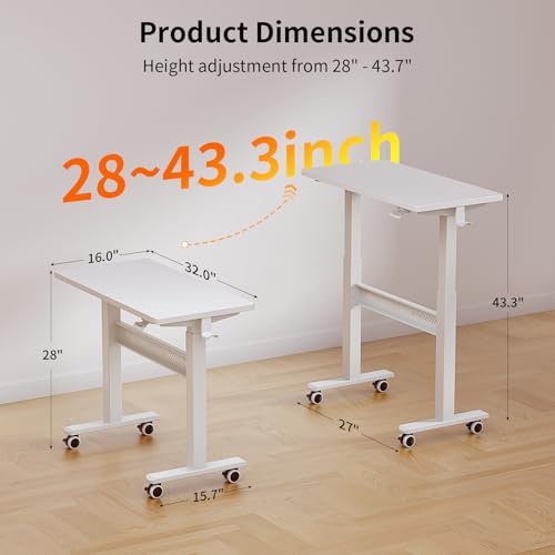 WALKINGDESK Mobile Walking Pad Desk with Wheels, Pneumatic Small Rolling Standing Desk Riser Height Adjustable (28-43.7") for Treadmill, Portable Computer Table for Home Office, White WALKINGDESK
