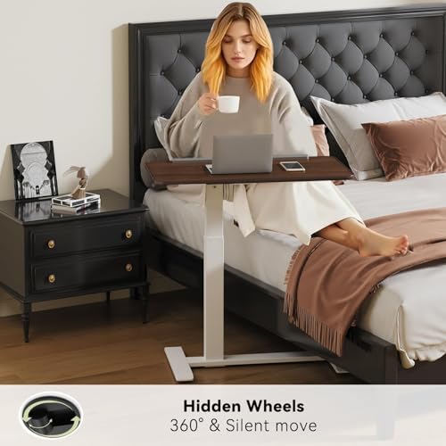 TecbL 180° Tiltable Mobile Standing Desk, Overbed Table with Wheels, 25.6" - 40.5" Height Adjustable Bedside Table, Portable Rolling Computer Desk for Home Office, Hospital (Walnut) TecbL