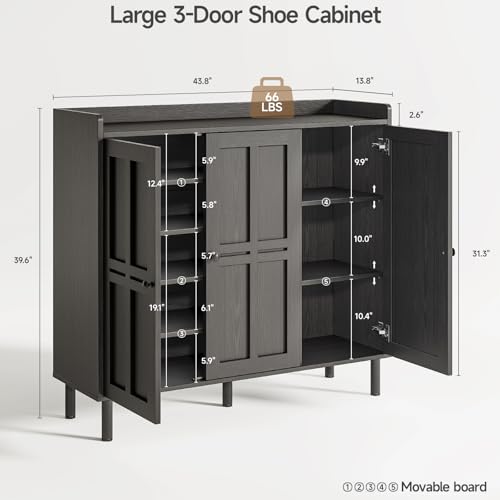 ONBRILL Shoe Cabinet with 3 Doors and Adjustable Shelves, 30 Pairs Shoe Storage Cabinet, 40 Inch Tall Farmhouse Shoe Rack Shoe Organizer Cabinet for Entryway Living Room Closet, Black ONBRILL