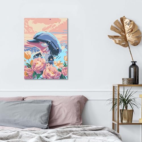Bimkole Framed Paint by Numbers Kit for Adults Dolphin, DIY Oil Painting Kit on Canvas with Paintbrushes and Acrylic Pigment, for Paint by Numbers for Beginner, for Home Wall Decor 8x12inch/20x30 cm Bimkole