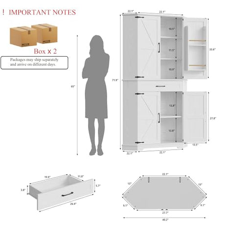IRONCK Corner Cabinet with Drawer, 72" Kitchen Pantry Cabinet, 5-Tier Farmhouse Pantry with 3 Adjustable Shelves, 2 Doors Storage, Spacious Hutch for Kitchen, Living Room, White IRONCK