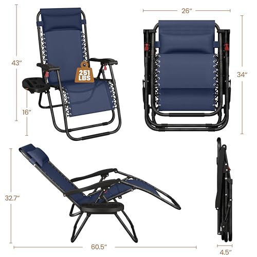 Yaheetech Zero Gravity Recliners Outdoor Adjustable Folding Reclining Lounge Chairs w/Pillows, Cup Holder Trays and Carry Strap for Patio Backyard Beach Navy Blue Set of 2