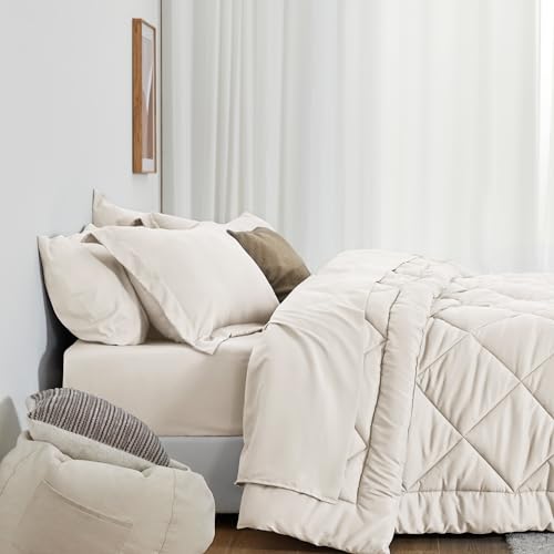 Love's cabin Twin Comforter Set Off White, 5 Pieces Twin Bed in a Bag, All Season Bedding Sets with 1 Comforter, 1 Flat Sheet, 1 Fitted Sheet, 1 Pillowcase and 1 Pillow Sham Love's cabin