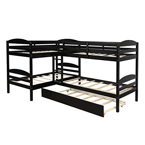 Quad Bunk Bed Twin Over Twin L-Shaped Bunk Bed Compatible with 4 Boys Girls Teens, Gray Bedroom Bed Frame, WoodArtSupply