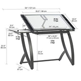 SD STUDIO DESIGNS Futura Luxe Drawing, Drafting, Craft Table with Drawer, 35" Wide Angle Adjustable Top and Side Shelf, Pewter Grey/Clear Glass SD STUDIO DESIGNS