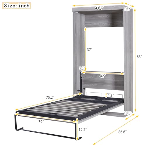 YOPTO Twin Size Murphy Bed Chest with Wardrobe and Drawers,Multifunctional Storage Cabinet Wall Bed,Folding Hidden Bed Frame W/Metal Structure,Space Saving,for Kids Bedroom,Guest Room,Gray YOPTO