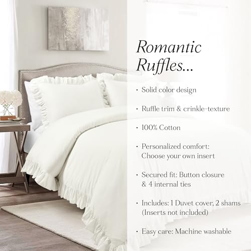 Lush Decor Reyna Ruffle Cotton Duvet Cover Set 3 Piece Set Full/ Queen, White - Queen Size Bedding Set - White Duvet Queen- Ruffled Bedding - Coquette Decor Lush Decor